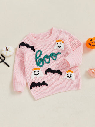 Baby Toddler Girls Halloween Sweater Long Sleeve Round Neck Letter Boo Ghost Embroidery Knit Pullover Top