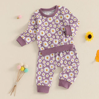 Baby Toddler Girls 2Pcs Fall Outfit Daisy Flower Print Long Sleeve Crewneck Top and Elastic Pants Jogger Set
