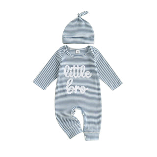 Baby Boys 2Pcs Autumn Striped Jumpsuit Long Sleeve Crewneck Letter Little Bro Embroidery Romper with Hat Set