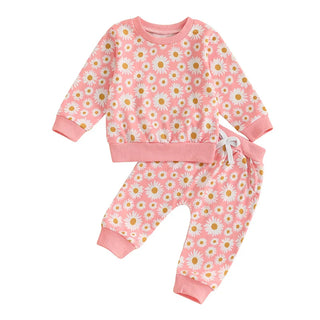 Baby Toddler Girls 2Pcs Fall Outfit Daisy Flower Print Long Sleeve Crewneck Top and Elastic Pants Jogger Set