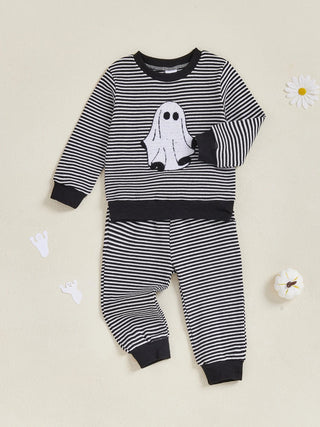 Baby Toddler Boys 2Pcs Halloween Outfit Ghost Embroidery Striped Long Sleeve Top and Elastic Pants Clothes Set