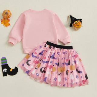 Baby Toddler Girls 2Pcs Girl Boo Halloween Outfit Long Sleeve Letter Ghost Embroidery Tops A-line Tulle Skirt Set