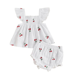 Baby Toddler Girl 2Pcs Shorts Set Cherry Print Fly Sleeve Babydoll Top Elastic Waist Ruffle Shorts Summer Outfit