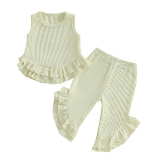 Baby Toddler Girl 2Pcs Summer Outfit Solid Waffle Round Neck Ruffled Tank Top with Long Pants Set