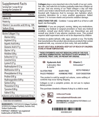 Pure Halal Collagen Hydrolyzed Peptides Type 1 & 3 Powder - With Vitamin C & Hyaluronic Acid | Salaam Nutritionals Salaam Nutritionals