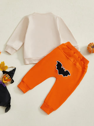 Baby Toddler Boys 2Pcs My First Halloween Outfit Letter Print Long Sleeve Top with Bat Embroidered Jogger Pants Set