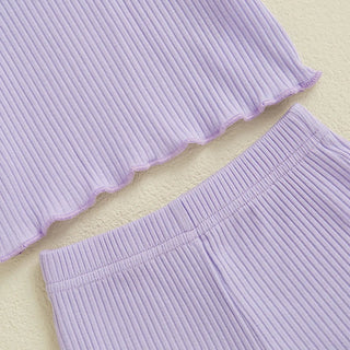 Baby Toddler Girls 2Pcs Ribbed Outfit Solid Color Short Sleeve T-Shirt Top Elastic Waist Ruffle Shorts Set