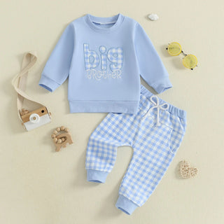 Baby Toddler Boys 2Pcs Fall Outfit Letter Embroidery Big Brother Long Sleeve Top and Elastic Plaid Pants Clothes