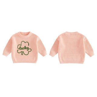 Baby Toddler Kids Boys Girls Lucky Knit Sweater Long Sleeve Round Neck Shamrock Letter Embroidery Pullover Spring St. Patrick's Day Top