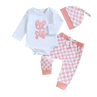 Baby Boys Girls 3Pcs Lil Bro / Sis Fall Outfit Letter Embroidery Long Sleeve Romper Checkered Print Pants Beanie Hat Set