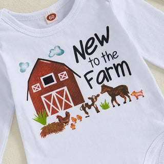 Baby Boys Girls 3Pcs New To The Farm Long Sleeve Crew Neck Letter Barn Print Romper with Animal Print Long Pants and Hat Set