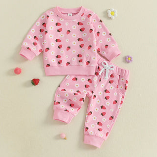 Baby Toddler Girl 2Pcs Fall Outfit Strawberry Flower Print Crew Neck Long Sleeve Top with Jogger Pants Set