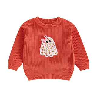 Baby Toddler Kids Girl Halloween Sweater Long Sleeve Round Neck Ghost Flower Embroidery Knit Pullover Top
