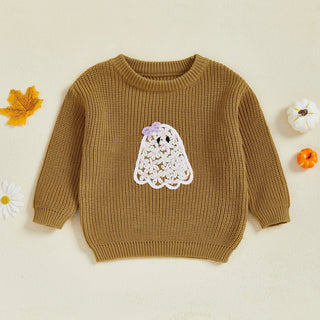 Baby Toddler Kids Girl Halloween Sweater Long Sleeve Round Neck Ghost Flower Embroidery Knit Pullover Top