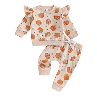 Baby Toddler Girl 2Pcs Halloween Outfit Pumpkin Print Long Sleeve Top with Elastic Waist Pants Set