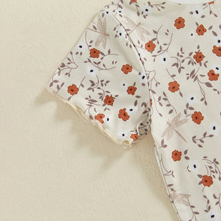 Baby Toddler Girls 2Pcs Set Floral Print Lettuce Trim Short Sleeve T-shirt Top Elastic Waist Shorts Summer Clothes Outfit