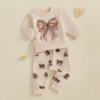 Baby Toddler Girls 2Pcs Fall Outfit Football / Baseball Bow Print Long Sleeve Crewneck Top and Elastic Pants Jogger Set