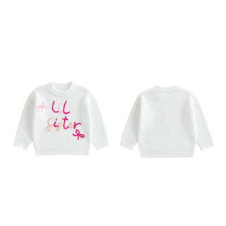 Baby Toddler Girls Lil/Big Sister Sweater Letter Bow Embroidery Crew Neck Long Sleeve Pullover Knit Top