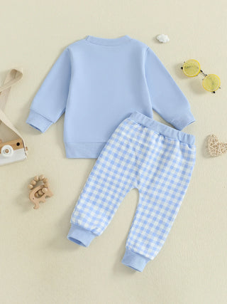Baby Toddler Boys 2Pcs Fall Outfit Letter Embroidery Big Brother Long Sleeve Top and Elastic Plaid Pants Clothes