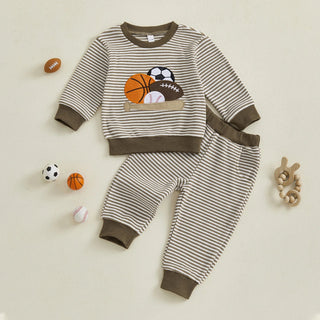 Baby Toddler Boys 2Pcs Fall Outfit Rugby Embroidery Striped Long Sleeve Top and Elastic Pants Clothes Set