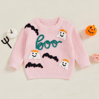 Baby Toddler Girls Halloween Sweater Long Sleeve Round Neck Letter Boo Ghost Embroidery Knit Pullover Top