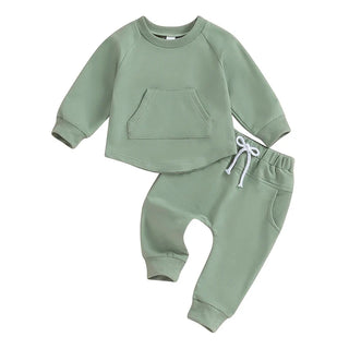 Toddler Baby Boy Girl 2Pcs Set Crewneck Solid Color Long Sleeve Top with Pocket Jogger Pants Outfit