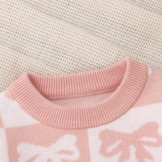 Baby Toddler Girls Sweater Bow Print Contrast Color Checkered Crew Neck Long Sleeve Baby Pullover Fall Top