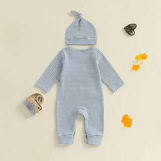 Baby Boys 2Pcs Autumn Striped Jumpsuit Long Sleeve Crewneck Letter Little Bro Embroidery Romper with Hat Set