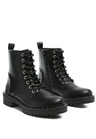 Camel Stud Lined Lace-Up Biker Boots