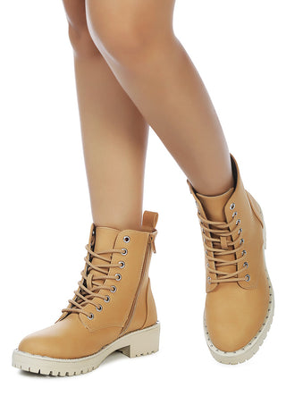 Camel Stud Lined Lace-Up Biker Boots