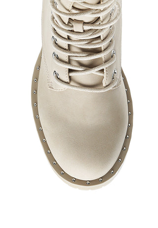 Camel Stud Lined Lace-Up Biker Boots