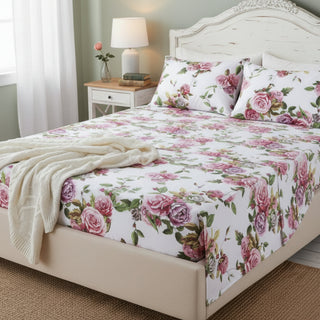 DaDa Bedding Romantic Roses Lovely Spring Pink Floral Garden Fitted & Flat Bed Sheet Set w/ Pillow Cases (JHW879)