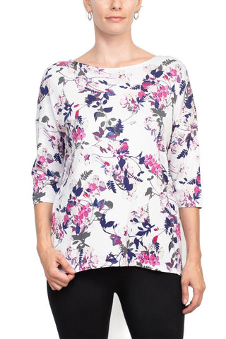 Joan Vass NY Boat Neck 3/4 Sleeve Printed Jersey Top with Back Seam Detail - Glamourous Grace