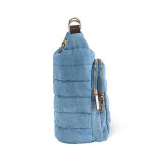 Denim HydroBag® with Horseshoe Embroidery and Denim overlaid Vegan Leather Strap and Gold hardware