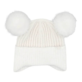Kids Faux Fur Earflap Double Pom C.C Beanie