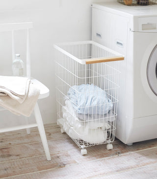 Rolling Wire Basket (24" H) - Steel + Wood Yamazaki Home