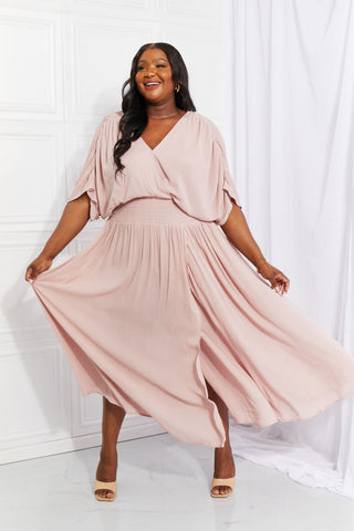HEYSON Full Size Napa Valley Gauze Surplice Midi Dress in Dusty Pink