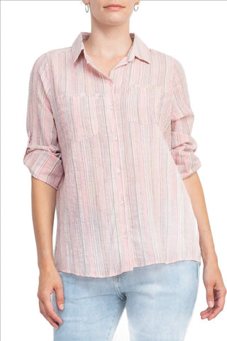 Adyson Parker Collared Button Down 2 Way Sleeve Pockets Multi Color Rayon Shirt - Glamourous Grace