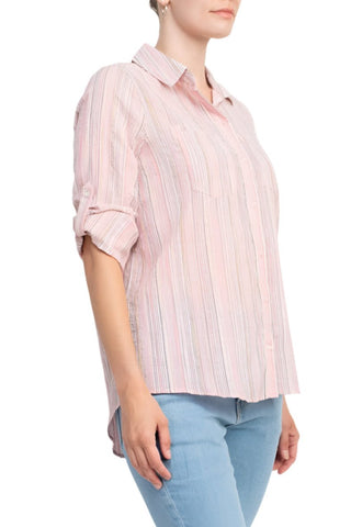 Adyson Parker Collared Button Down 2 Way Sleeve Pockets Multi Color Rayon Shirt - Glamourous Grace