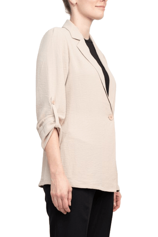 Adrianna Papell Notched Lapel Collar Neck One Button 3/4 Sleeve Woven Blazer - Glamourous Grace