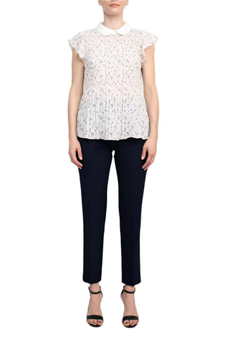 Adrianna Papell Peter Pan Collar Flutter Sleeve Pleated Printed Woven Georgette Top - Glamourous Grace