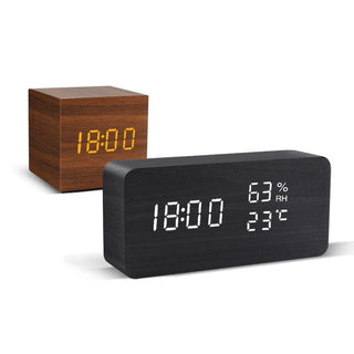 Alarm Clock LED Wooden Watch Digital Alarm Clock with Wooden Electronic LED Time Display 3 Alarm Settings Humidity & Temperature Detect Wood Made Electric Clocks Table Voice Control Digital Wood USB/AAA Powered Electronic Desktop Clocks Stevvex