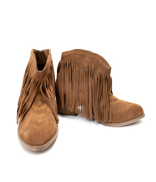 Amos Fringe Ankle Bootie in Tan Suede - By Baano