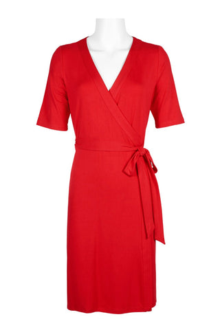 Adrianna Papell V - Neck Short Sleeve Tie Side Solid Faux Wrap Rayon Jersey Dress - Glamourous Grace
