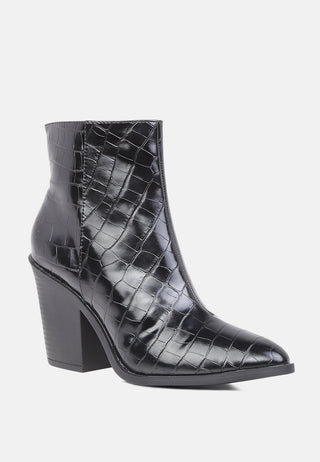 avishag snake skin print block stacked heel ankle boots