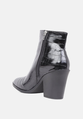 avishag snake skin print block stacked heel ankle boots