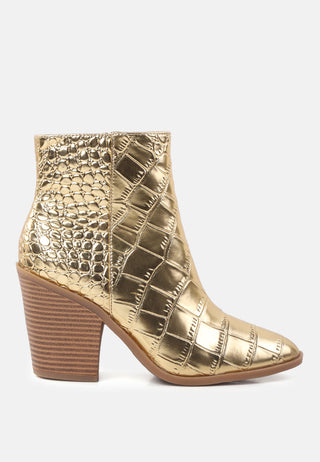 avishag snake skin print block stacked heel ankle boots