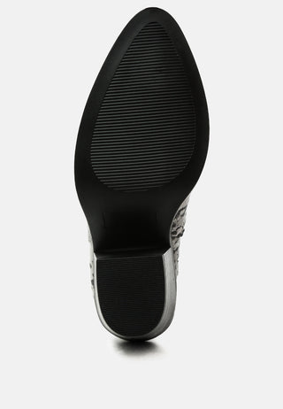 avishag snake skin print block stacked heel ankle boots