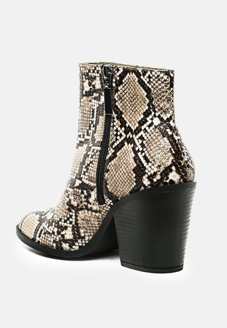avishag snake skin print block stacked heel ankle boots