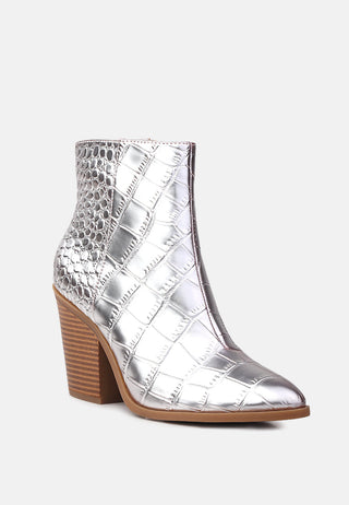 avishag snake skin print block stacked heel ankle boots